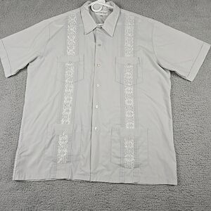 Milano Bay Mens XL Button Front Shirt Gray Short Sleeve Embroidery with Pockets